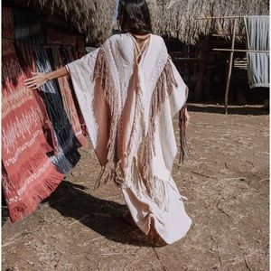 AYA Sacredwear Off White Boho Poncho with Hand Loomed Tassels